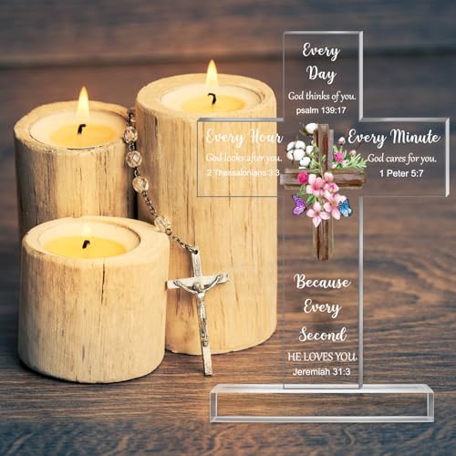 Acrylic Cross Desk Decor with Bible Verses, Religious Standing Table Gift