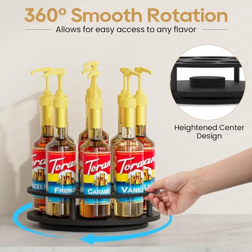 Rotating Coffee Syrup Organizer - 9 Bottle Wooden Rack for Countertop