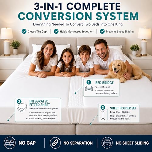3-in-1 Split King Bed Bridge Gap Filler Set with Fitted Sheet & Straps
