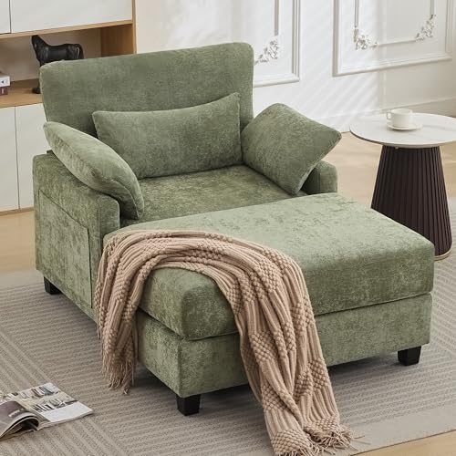 Oversized Chenille Chaise Lounge with Ottoman, Sleeper Chair for Living Room
