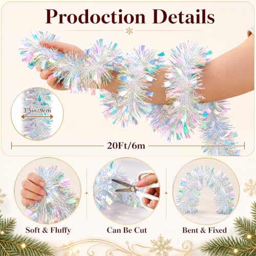 Aufee Iridescent Metallic Christmas Tinsel Garland 20ft for Indoor & Outdoor Decor