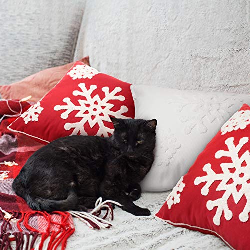 Christmas Snowflake Throw Pillow Covers 18x18 Set of 4 Red White Embroidered Linen Decor
