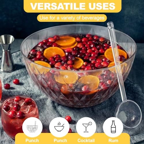 1.4 Gallon Plastic Punch Bowl with Ladle, Clear Diamond Texture Serving Bowl