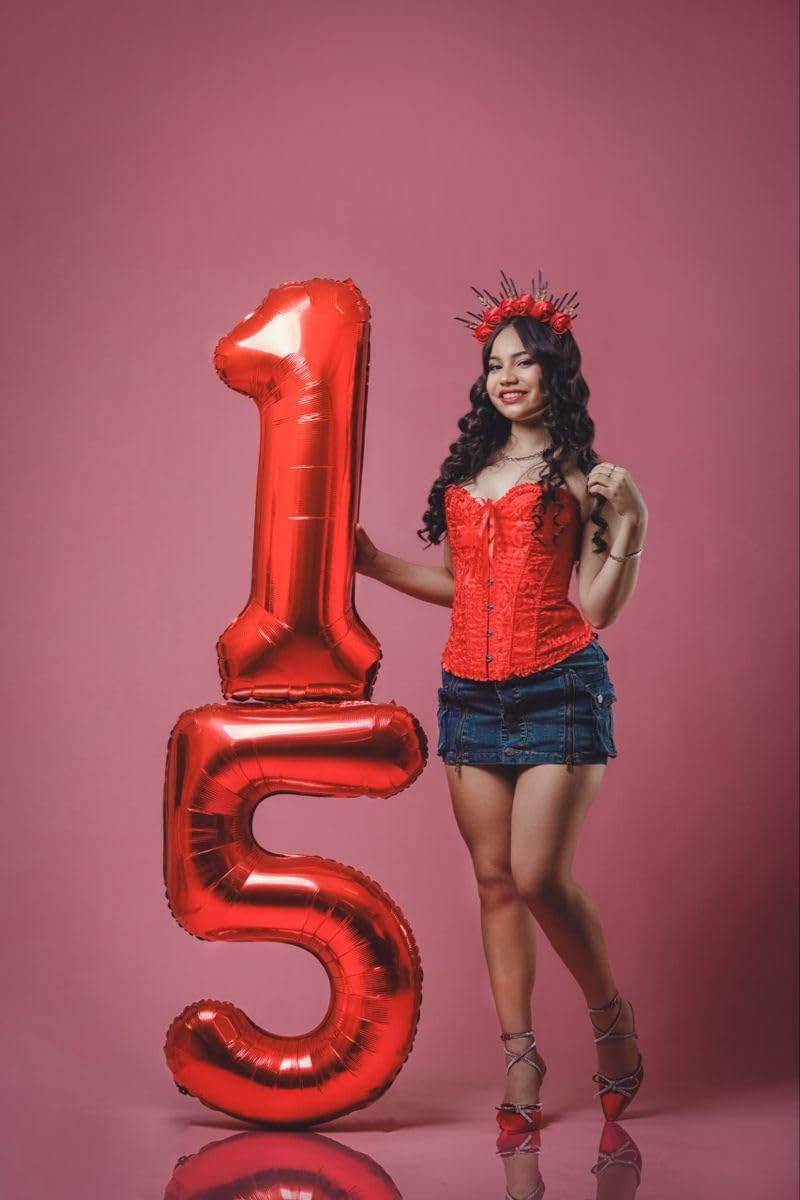 Number 15 Balloons - 40 Inch Red Foil Balloons for 15th Birthday & Anniversary Celebrations