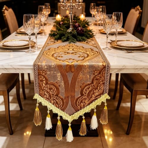 HeMiaor Gold Versailles Damask Embossed Table Runner 87 inches