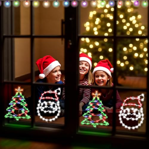 SUPHONOR 16" Christmas Window Silhouette LED Lights Pack (2) Santa Head & Christmas Tree Battery-Powered