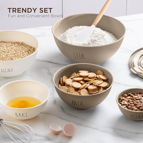 Rae Dunn Mixing Bowls with Lids - 10 Piece Plastic Nesting Bowls Set includes 5 Prep Bowls and 5 Lids (Brown)