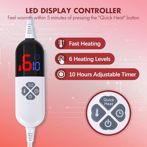 VELLUBAM Red Full-Size Electric Blanket with 6 Heat Levels & 10H Timer, 72" x 84"
