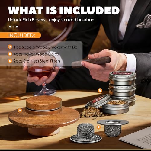 Whiskey Smoking Kit with Sapele Wood & Stainless Steel Filters - 4 Flavor Chips, Cocktail & Spirit Infuser