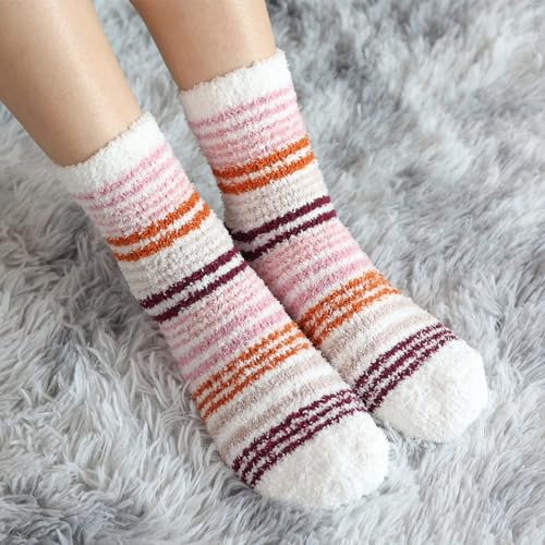 Horuru Women's Fuzzy Cozy Slipper Socks Pink White - Winter Warm Gift