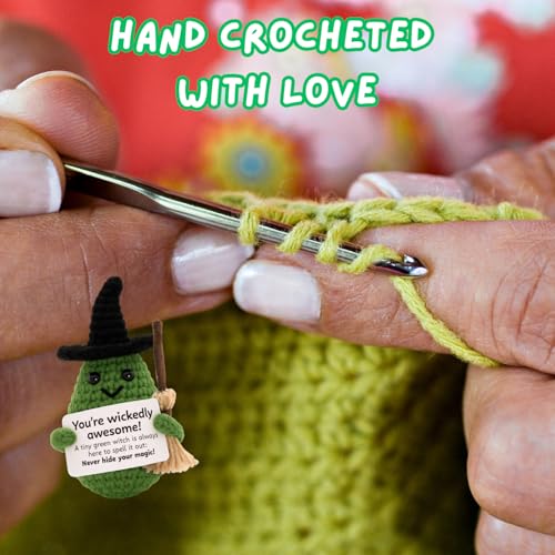 Handmade Crochet Witch Figurine with Broomstick - Motivational Desk Decor