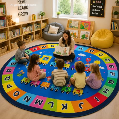 Large Oval Kids Alphabet Rug 6.5' x 10' - Educational Non-Slip Playroom Mat