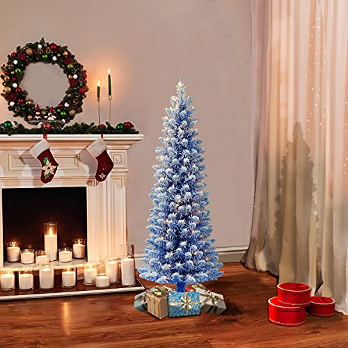 4.5' Flocked Blue Artificial Christmas Tree with 100 Clear Lights, Puleo International Pre-Lit