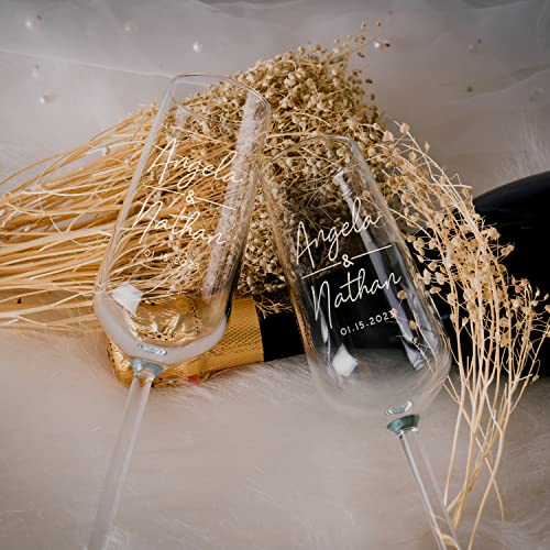 Personalized Wedding Champagne Flutes Set of 2 - Classic Design, 7 oz, Bride & Groom Gift
