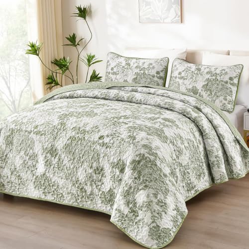 Sage Green Botanical Quilt Set - Queen 3-Piece Reversible Floral Coverlet