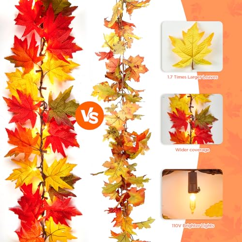 9ft Lit Fall Leaves Garland with 50 Bulbs - Plug-In Autumn Mantle Decor