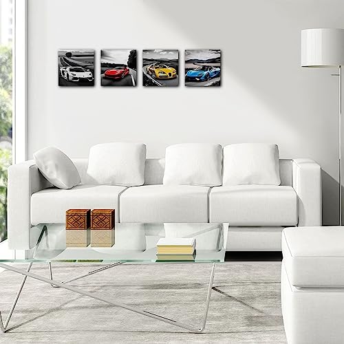 4-Piece Sports Car Canvas Wall Art Set, 8x8 Inch Racing Car Prints Decor