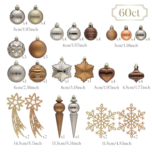 Valery Madelyn Copper Gold Christmas Tree Ornaments Set 60pcs Shatterproof Holiday Decorations