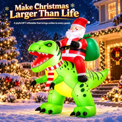 Candieslife Santa & Dinosaur Inflatable - 8ft Christmas Yard Decor with LED Lights