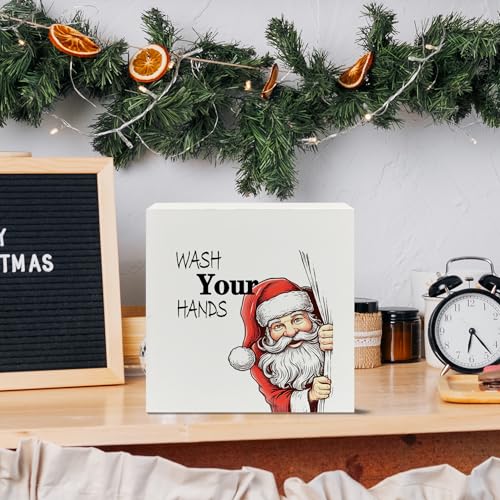 White Christmas Santa Bathroom Wooden Sign - 5x5 Inch Holiday Home Decor