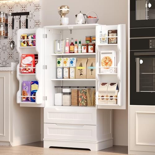 Gizoon 47-Inch White Pantry Cabinet with 2 Drawers & 6 Shelves for Small Spaces