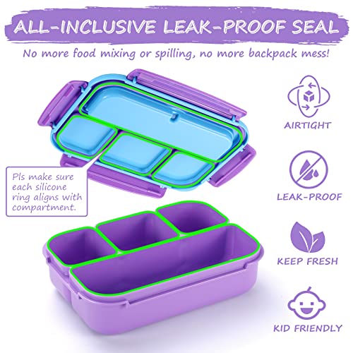 QQKO Bento Lunch Box for Kids & Adults with 4 Compartments, Utensils, and Sauce Cup, Purple