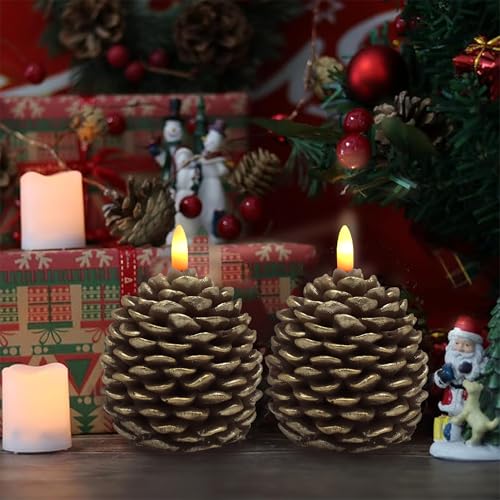 Pine Cone Candles (Golden-Brown) 4.8 in Battery-Operated 2-Pack w/ Remote & Timer - Flameless Pinecone Decor
