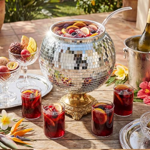 Disco Ball Punch Bowl Set with Ladle and 6 Glasses, 1.3 Gallon Party Server