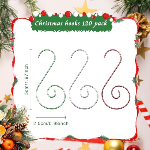 120 Pack Small Metal Christmas Ornament Hooks - S-Shape Tree Hangers