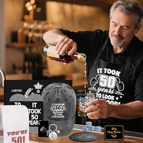50th Birthday Gift Set for Men Whiskey Glass & Accessories - 11 Oz, Humor & Fun