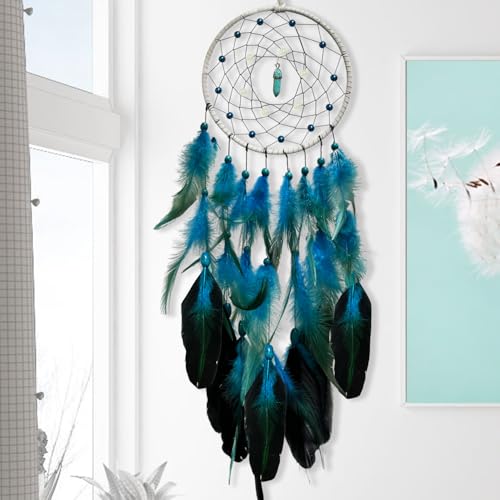 Blue Dream Catcher with Turquoise Gemstone and Glow-in-the-Dark Beads