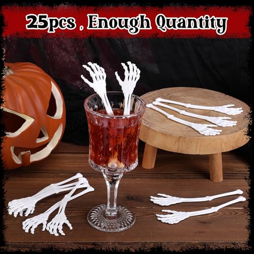 RunNico 25 Pcs Halloween Skeleton Cocktail Stir Sticks - Reusable Skeleton Hand Swizzle, Party Drink Decor