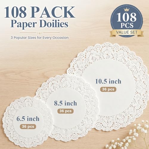 108-Piece Round Paper Doilies Set, Assorted Sizes 6.5, 8.5, and 10.5 Inch