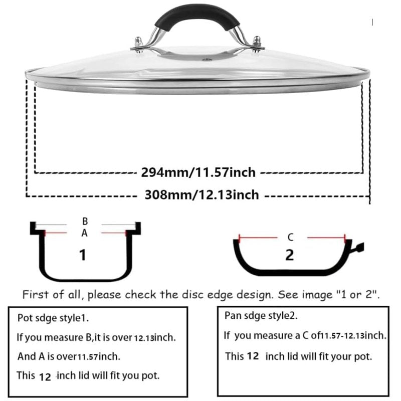 12 Inch Tempered Glass Lid for Lodge 12" Cast Iron Skillets & 7QT Dutch Ovens -Stainless Steel Handle and Rim (12 INCH LID)