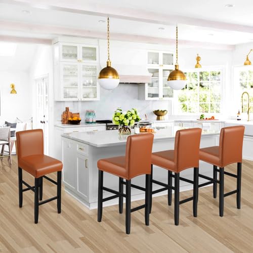 Waterproof PU Bar Stool Covers - Stretch Slipcovers (4 Pack, Light Brown)