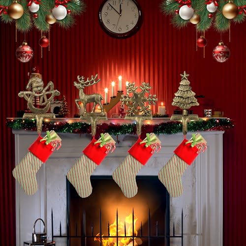 OCTERIC 4Pcs Stocking Hangers Set – Reindeer, Snowman, Snowflake & Tree Mantel Hooks, Anti-Slip Cast Iron