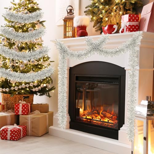 TranquilBliss Silver Christmas Tree Garland - 50 ft Tinsel Garland, Flexible & Reusable (Silver / 1)