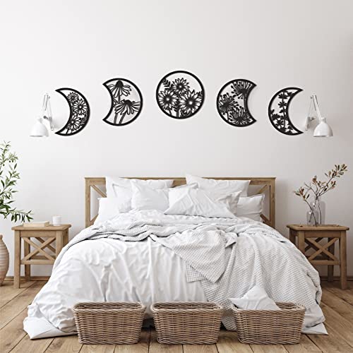5-Piece Moon Phase Wall Art Set, Wooden Boho Hanging Decor for Bedroom