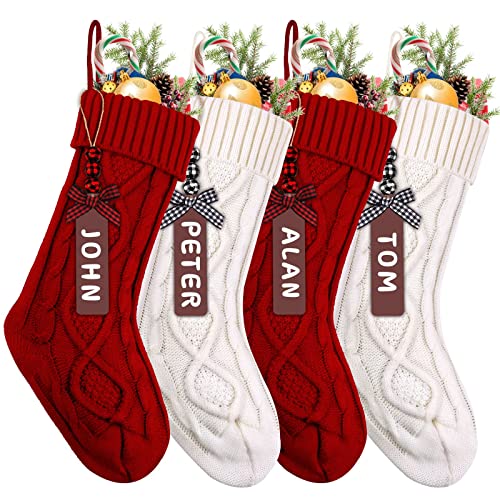 18-Inch Cable Knit Christmas Stockings with Wooden Name Tags (4-Pack)