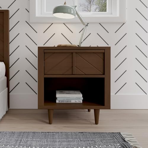 Mid-Century Modern Nursery Nightstand with Drawer and Open Shelf, 23-Inch
