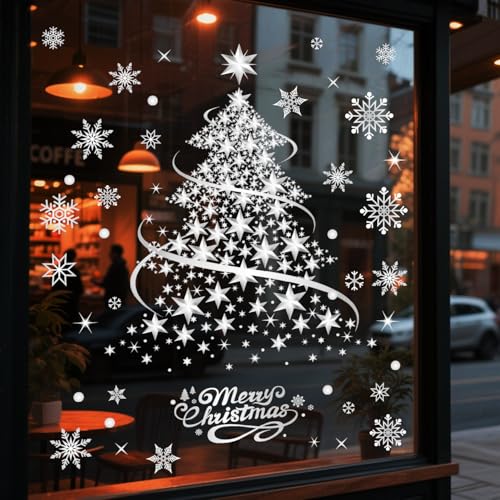 YULOONG Reusable Silver Christmas Window Clings Snowflake Tree Decor Set