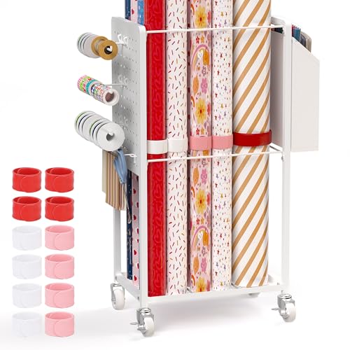 Rolling Wrapping Paper Storage Cart with Ribbon Holder and Slap Bands
