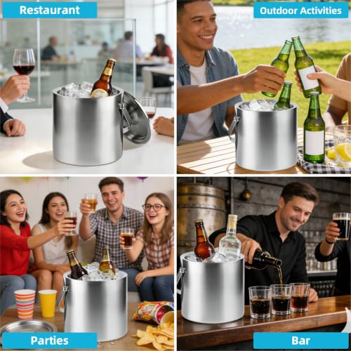 3L Double-Wall Stainless Steel Ice Bucket with Lid & Tongs for Parties
