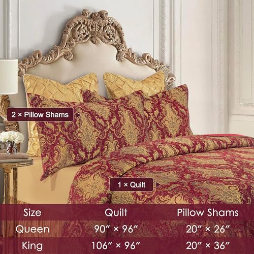 Loom and Mill King Damask Quilt Set - Classic Red Bedding, 3-Piece