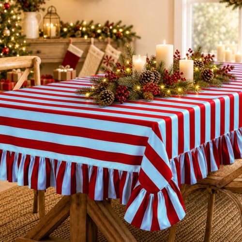 JarThenaAMCS Ruffled Striped Tablecloth 60 x 120 in - Blue Burgundy (Blue Burgundy / 120" x 60")