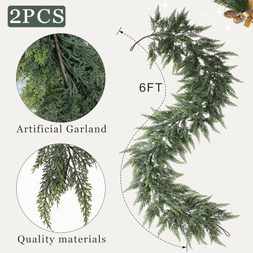 FOTEEWL 2 Pcs 6 ft Artificial Cedar Garland for Mantle Christmas Decor - 6FT / 2