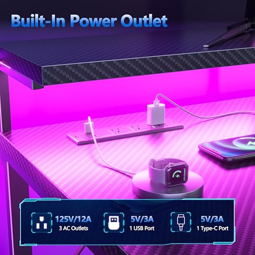 48" Gaming Desk with LED Lights, Power Outlets, Storage Drawers & Monitor Stand