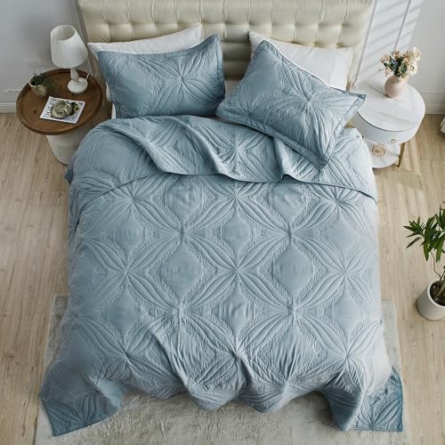 Kingnex Oversized King Bedspread Set 128x120 - 3 Piece Quilted Coverlet, Blue