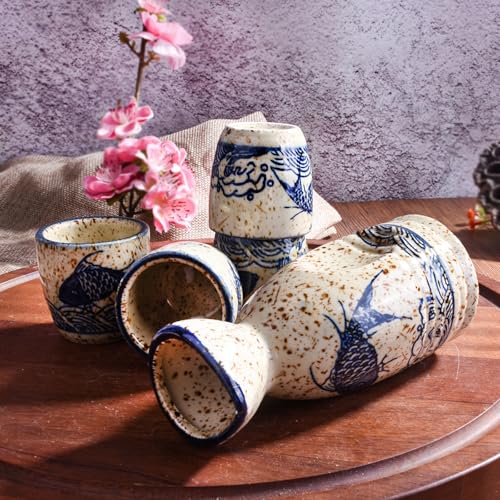 Japanese Ceramic Sake Set of 5 - Traditional Flask & Cups for Hot Cold Serving