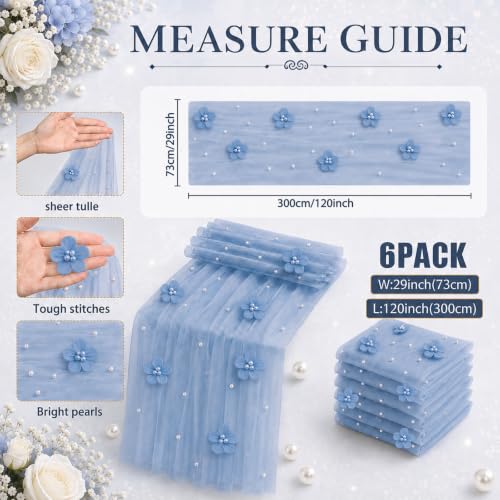 CrystalSylara Blue Pearl Tulle Table Runner 29x120'' Set of 6 Wedding Decor